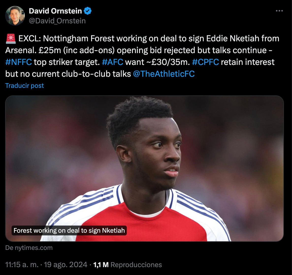 Eddie Nketiah podría tirar el fichaje de Santiago Giménez