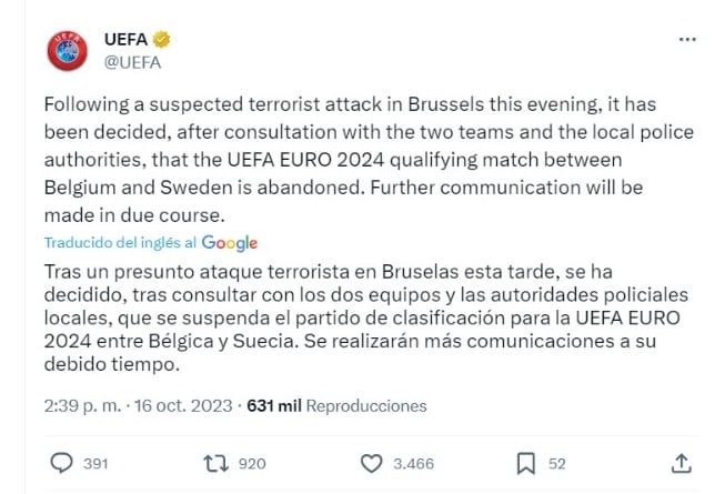 La UEFA lanzó un comunicado tras la suspensión del juego.