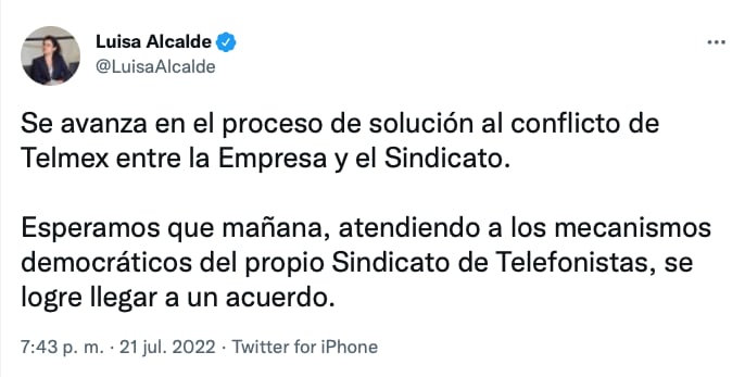 Luisa María Alcalde sobre la huelga de Telmex