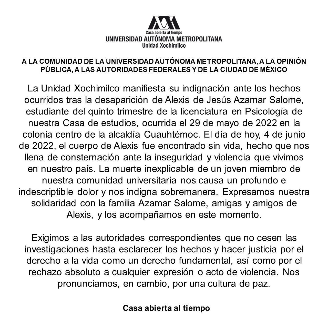 UAM emite comunicado por  muerte de Alexis de Jesús Azamar Salomé