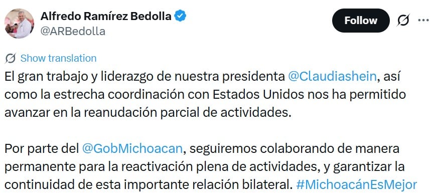Ramírez Bedolla destaca liderazgo de Sheinbaum para reanudar actividades con Estados Unidos