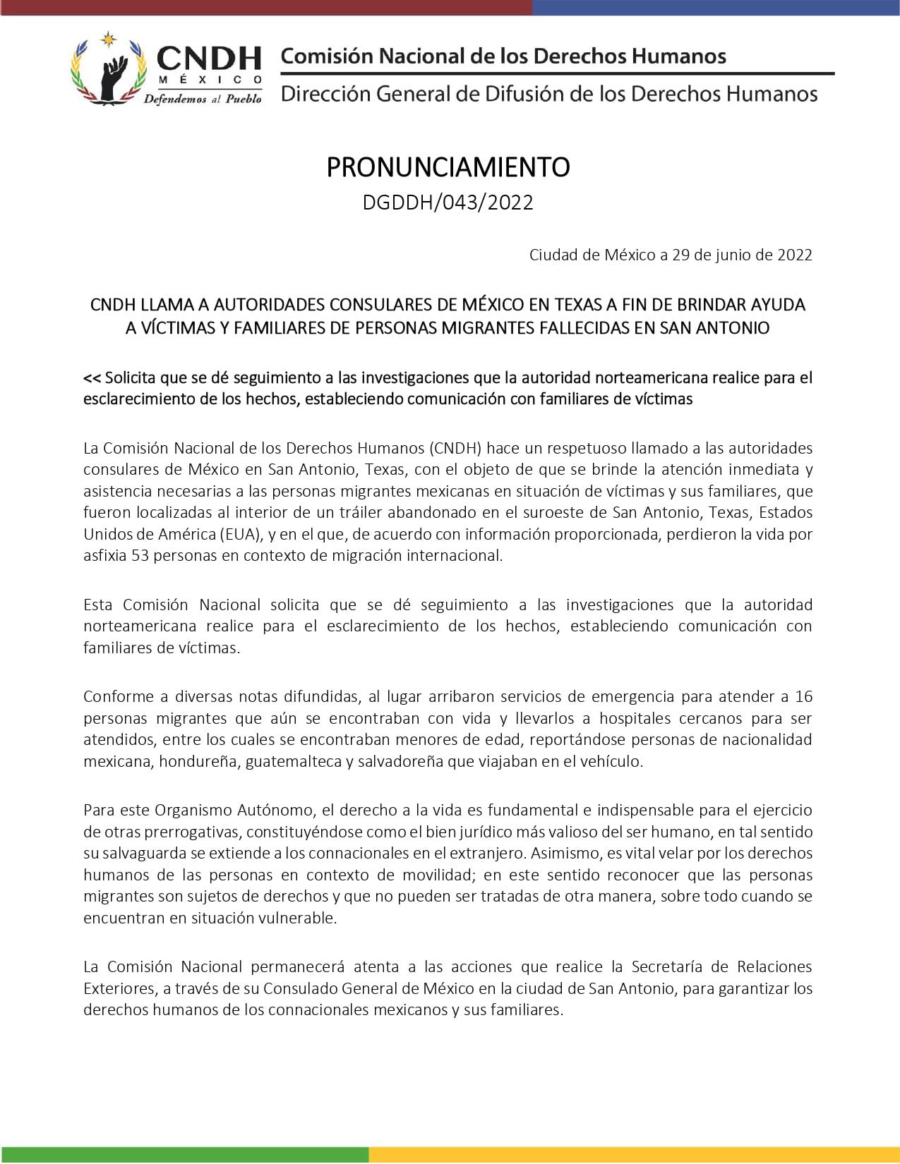 CNDH pide a autoridades consulares de México en Texas brindar asistencia a víctimas y familiares