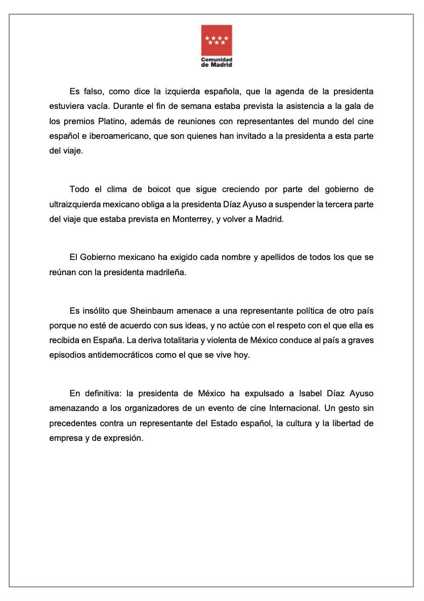 Comunidad de Madrid sobre cancelación de gira de Isabel Díaz Ayuso