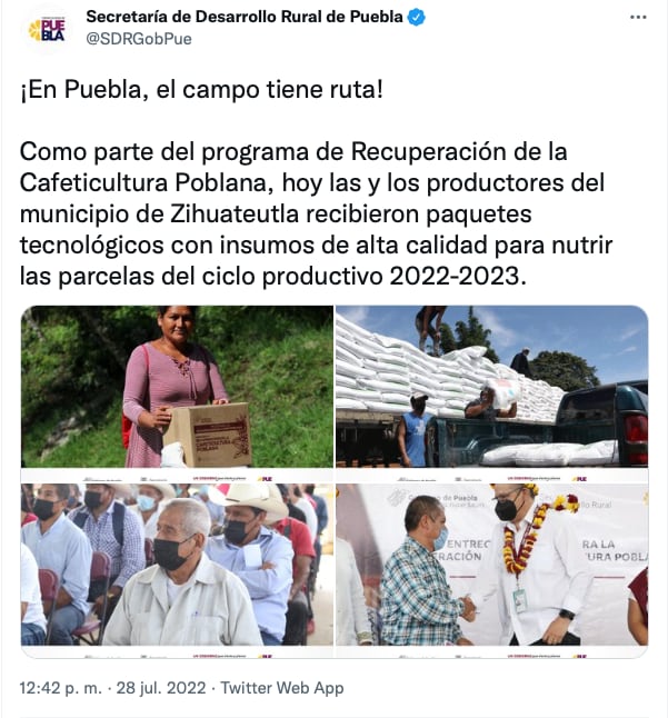 Productores del café poblano reciben apoyos por la SDR/@SDRGobPue