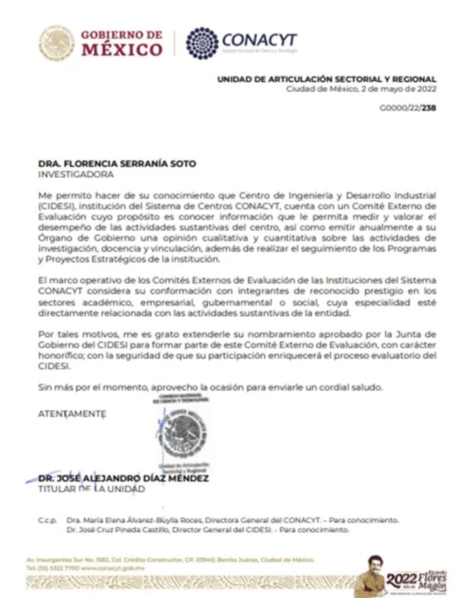 Invitación a Florencia Serranía por parte de Conacyt