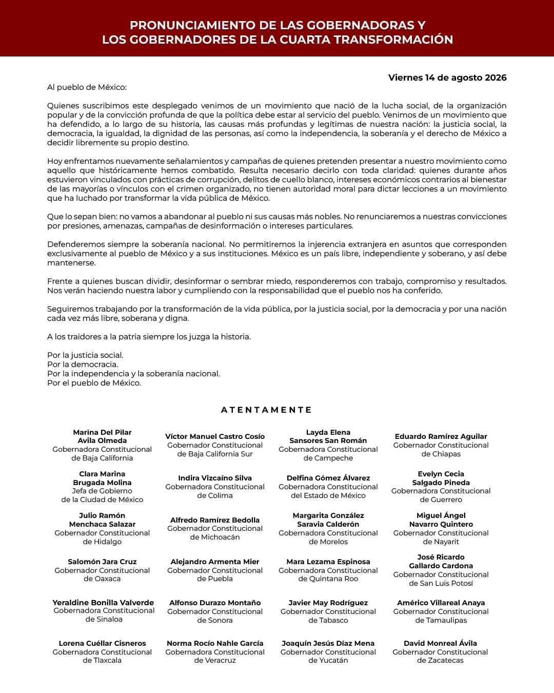 24 gobernadores de la 4T emiten pronunciamiento en defensa de la soberanía nacional.