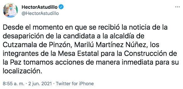 Tuit de Héctor Astudillo