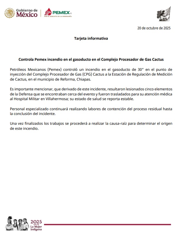 5 personas resultaron lesionadas por el incendio en el ducto Pemex Cactus-Cuxtal
