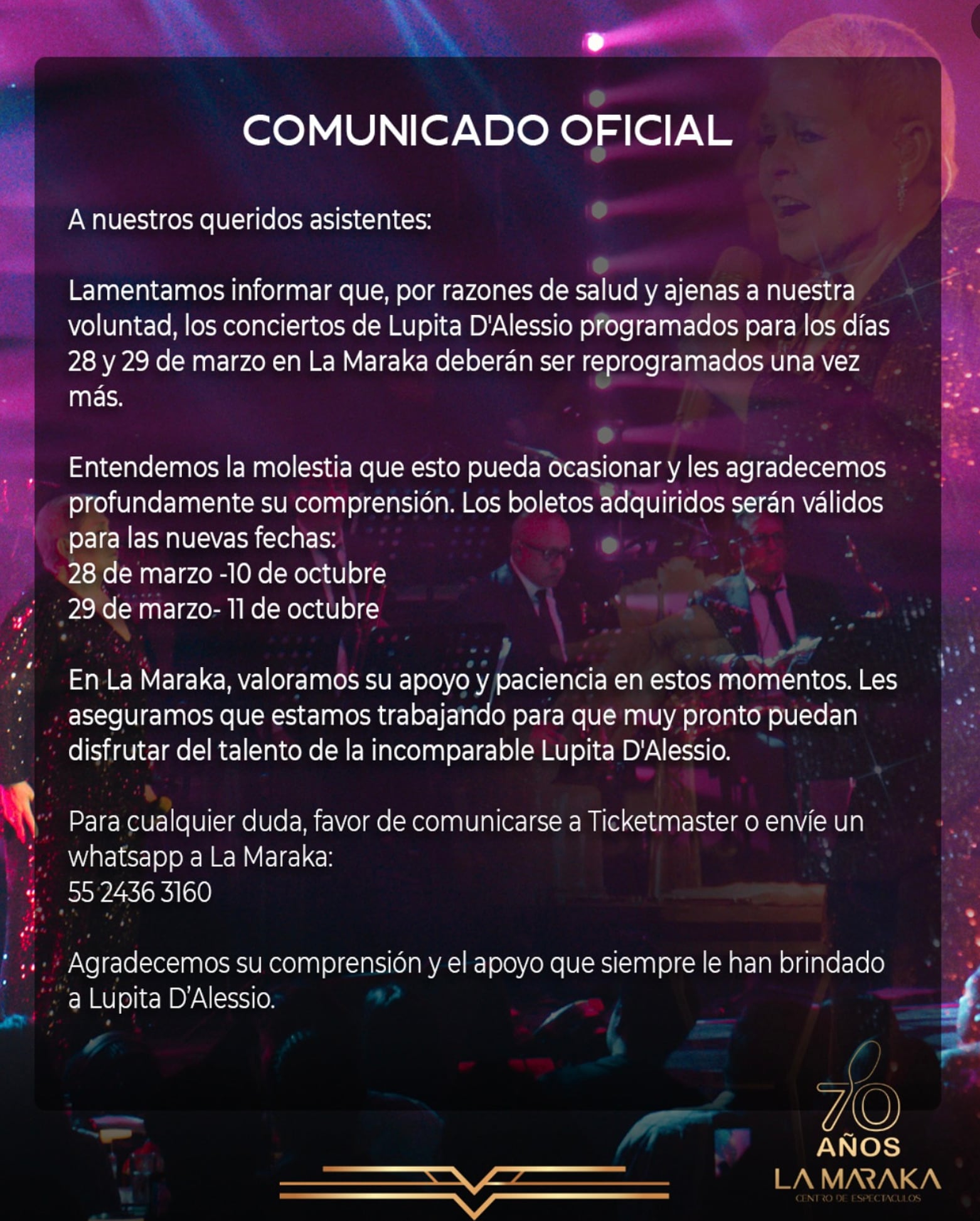Lupita D'Alessio tendrá nuevas fechas en México tras su padecimiento de salud