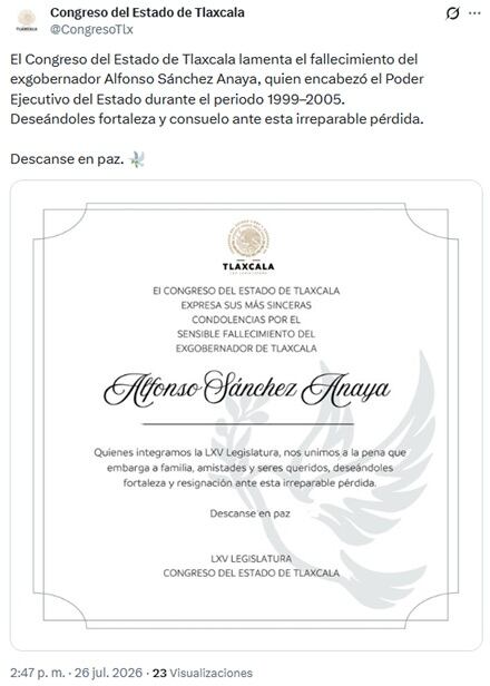 Gobierno de Tlaxcala y figuras de la política dan último adiós a Alfonso Sánchez Anaya