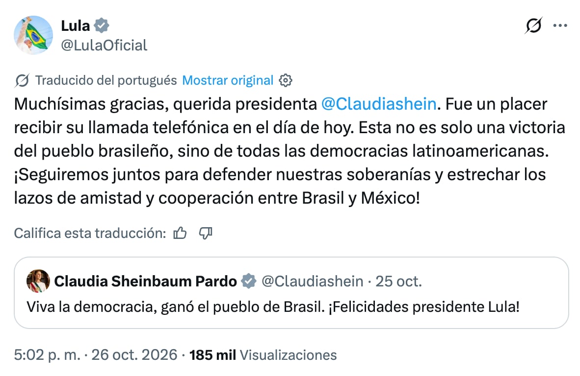 Lula da Silva agradece a Claudia Sheinbaum por su llamada de felicitación