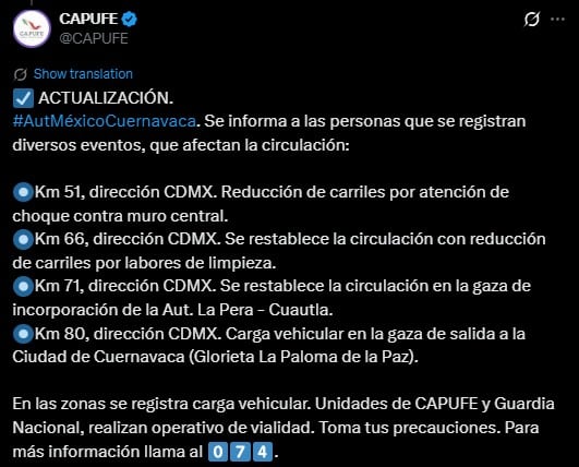 Restablecen circulación en la México-Cuernavaca tras accidente en La Pera