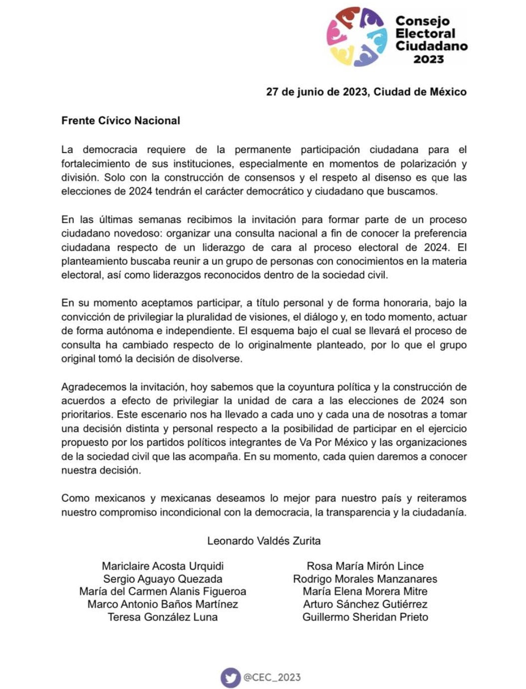 Consejo Electoral Ciudadano anuncia su disolución