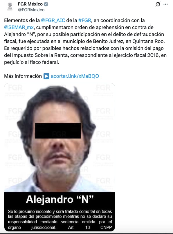 FGR confirma la detención de Alejandro Álvarez Puga