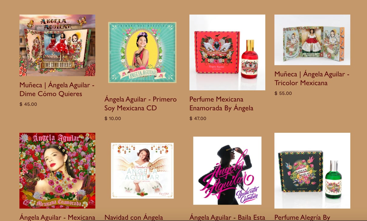 Productos de Ángela Aguilar disponibles su sitio web