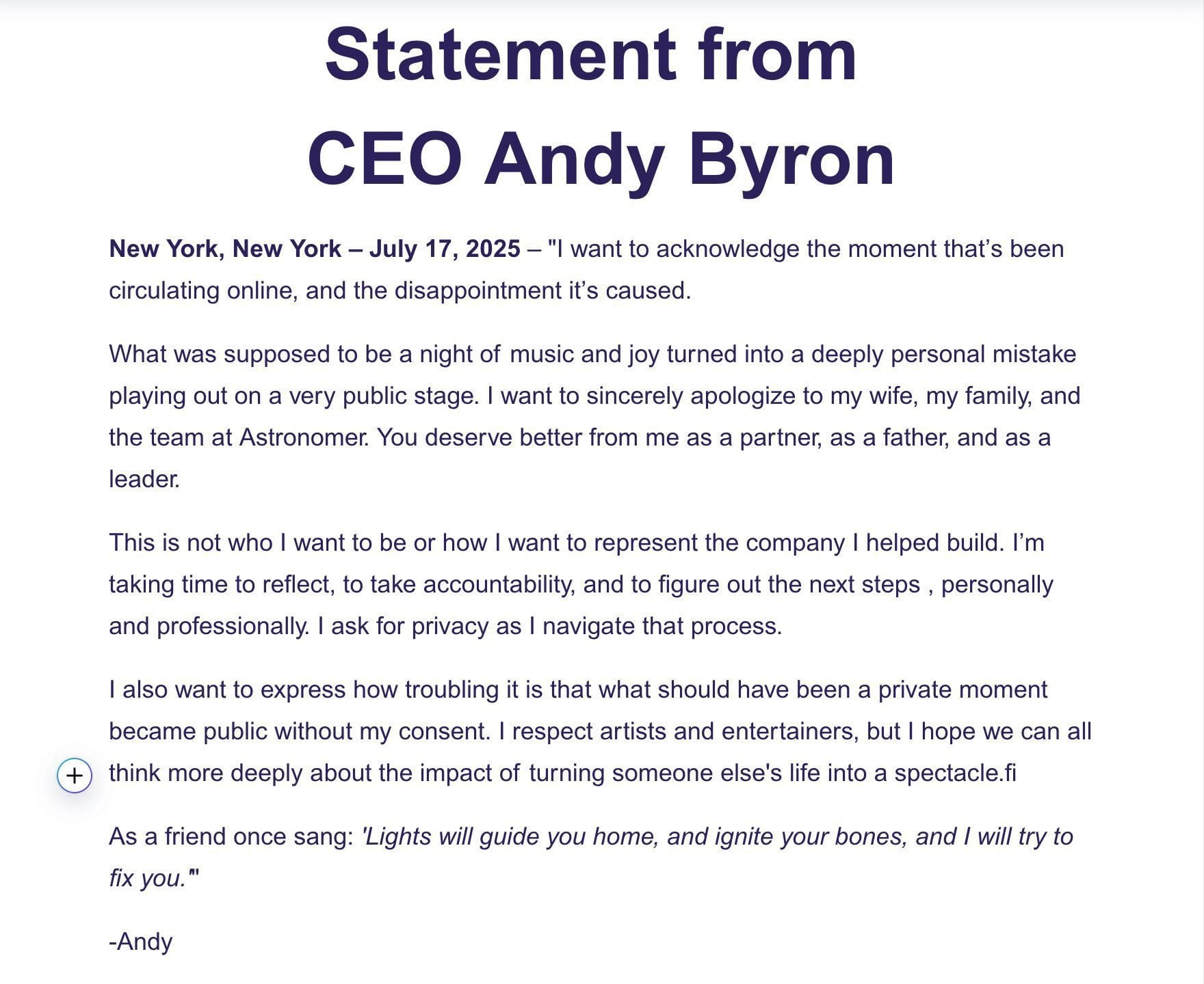 Andy Byron, CEO de Astronomer, lamenta que su vida se haya convertido en un espectáculo y manda mensaje a Coldplay