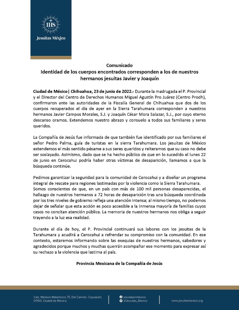 Cuerpos encontrados corresponden a los sacerdotes jesuitas asesinados, confirma Compañía de Jesús