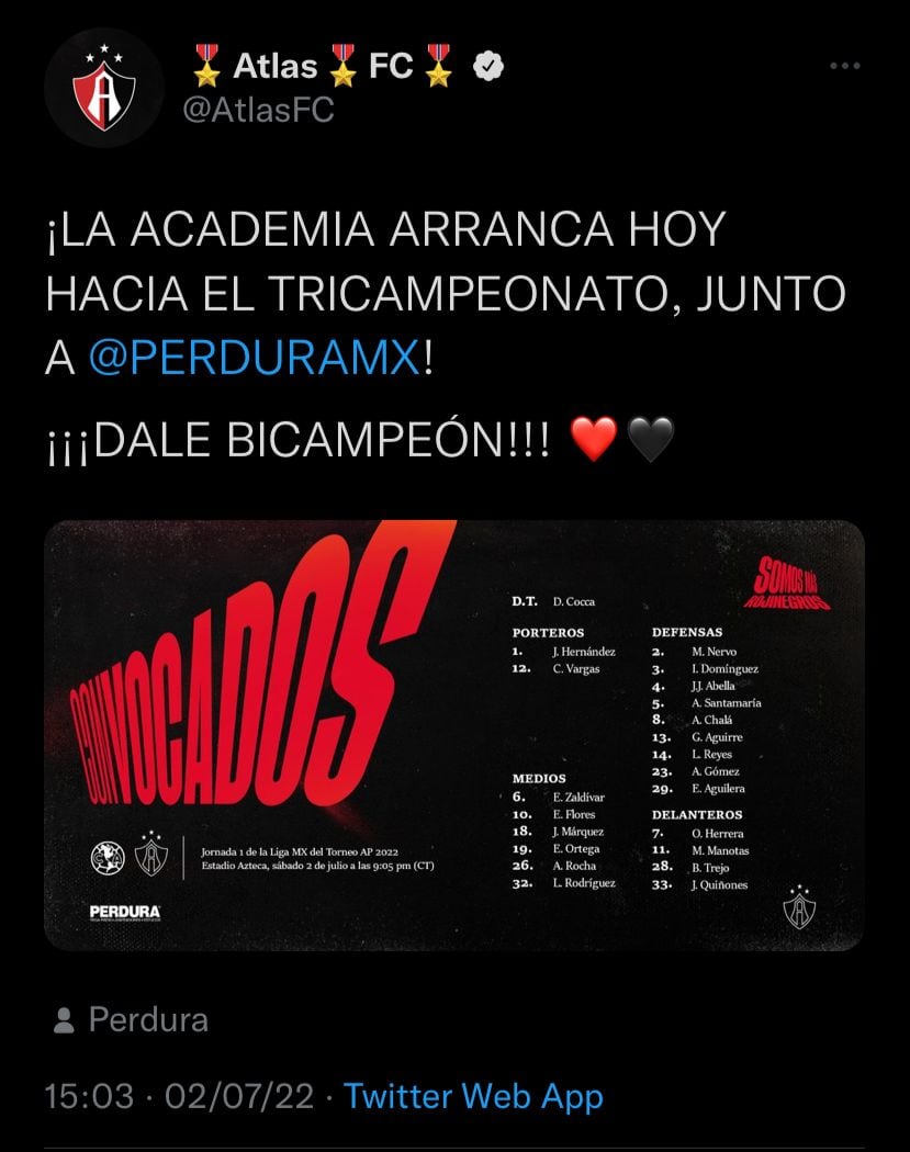 Esta es la lista de convocados para el partido ante el América.