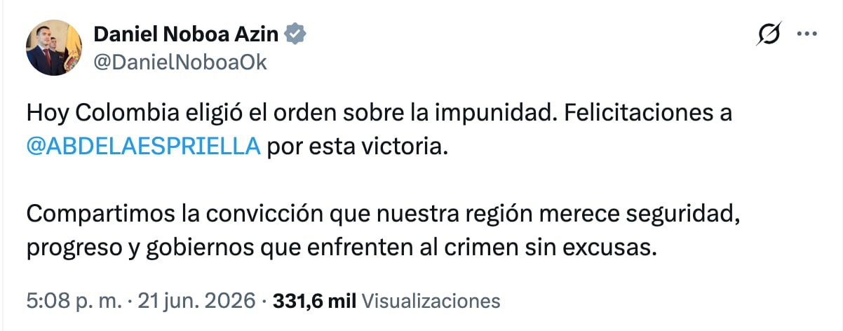 Líderes mundiales felicitan a Abelardo de la Espirella, presidente electo de Colombia