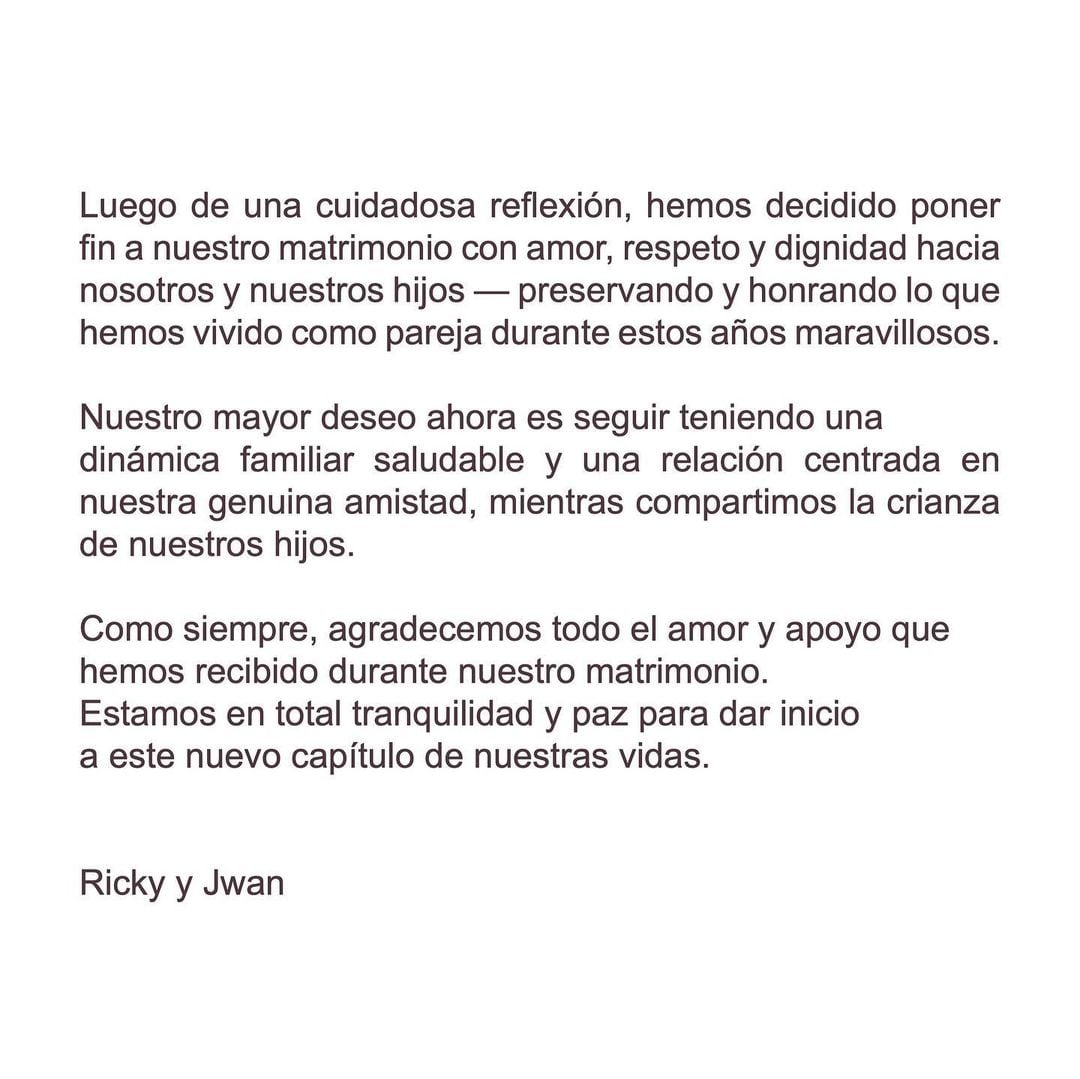 Ricky Martin y Jwan Josef comparten que su matrimonio acabó.