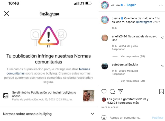 Instagram censura foto de Ozuna junto a su esposa
