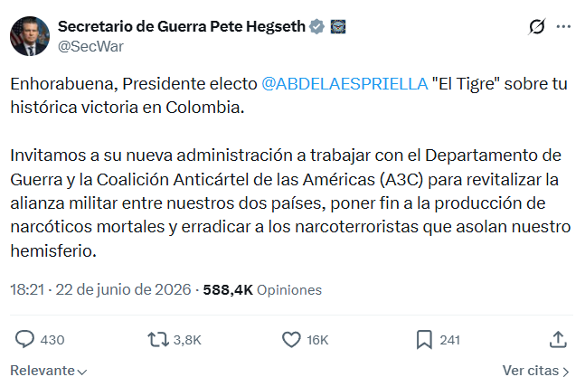 Pete Hegseth invita a Abelardo De la Espriella a fortalecer la alianza contra el narcotráfico