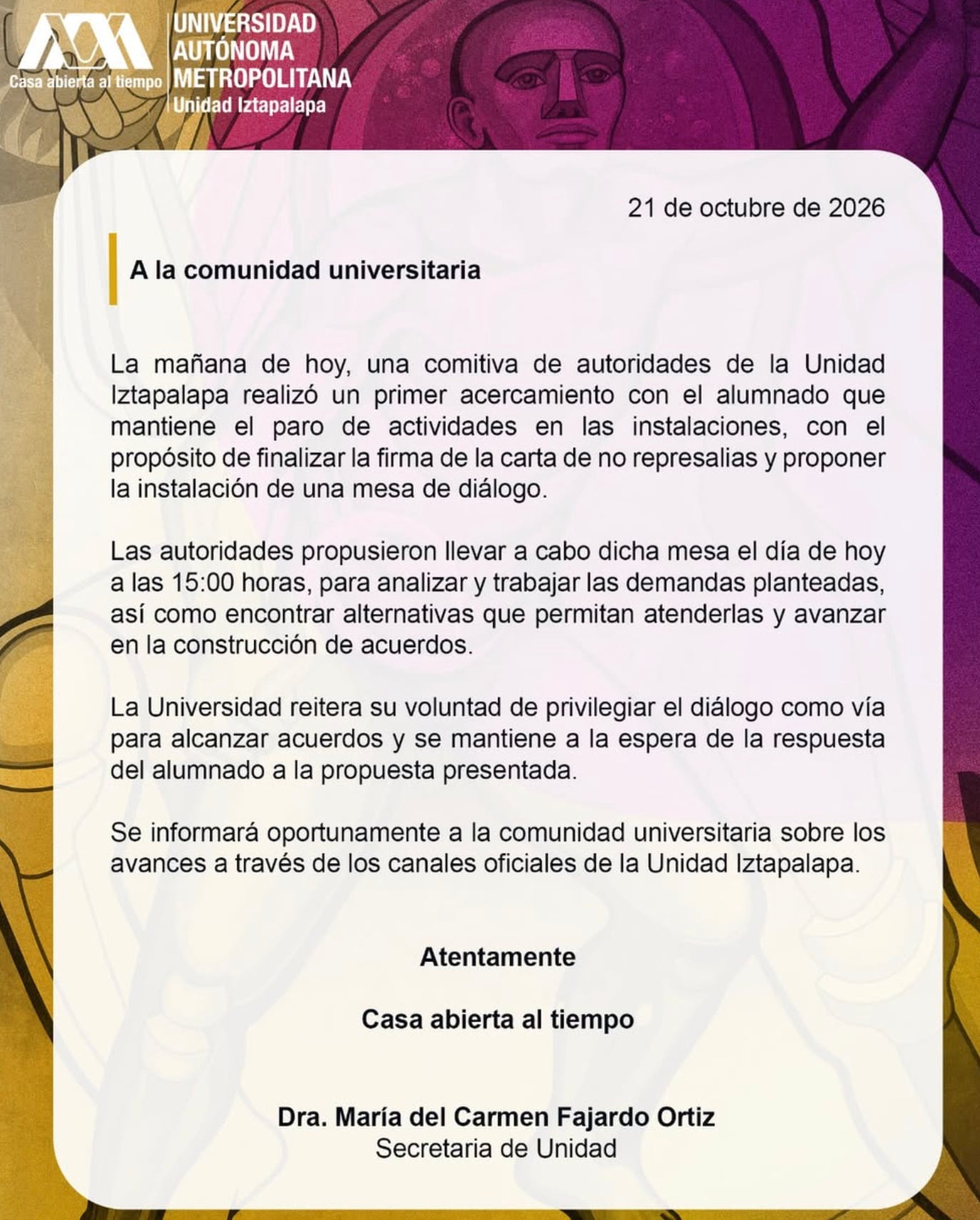 UAM Iztapalapa coloca mesa de trabajo con estudiantes tras paro