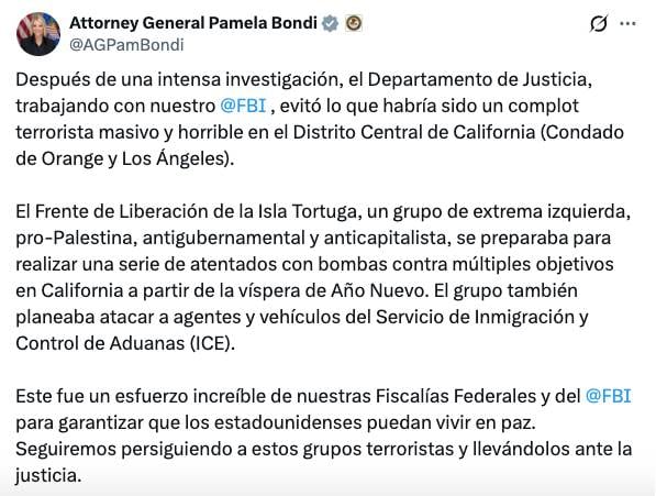 Pam Bondi informa sobre plan de ataque terrorista en Año Nuevo