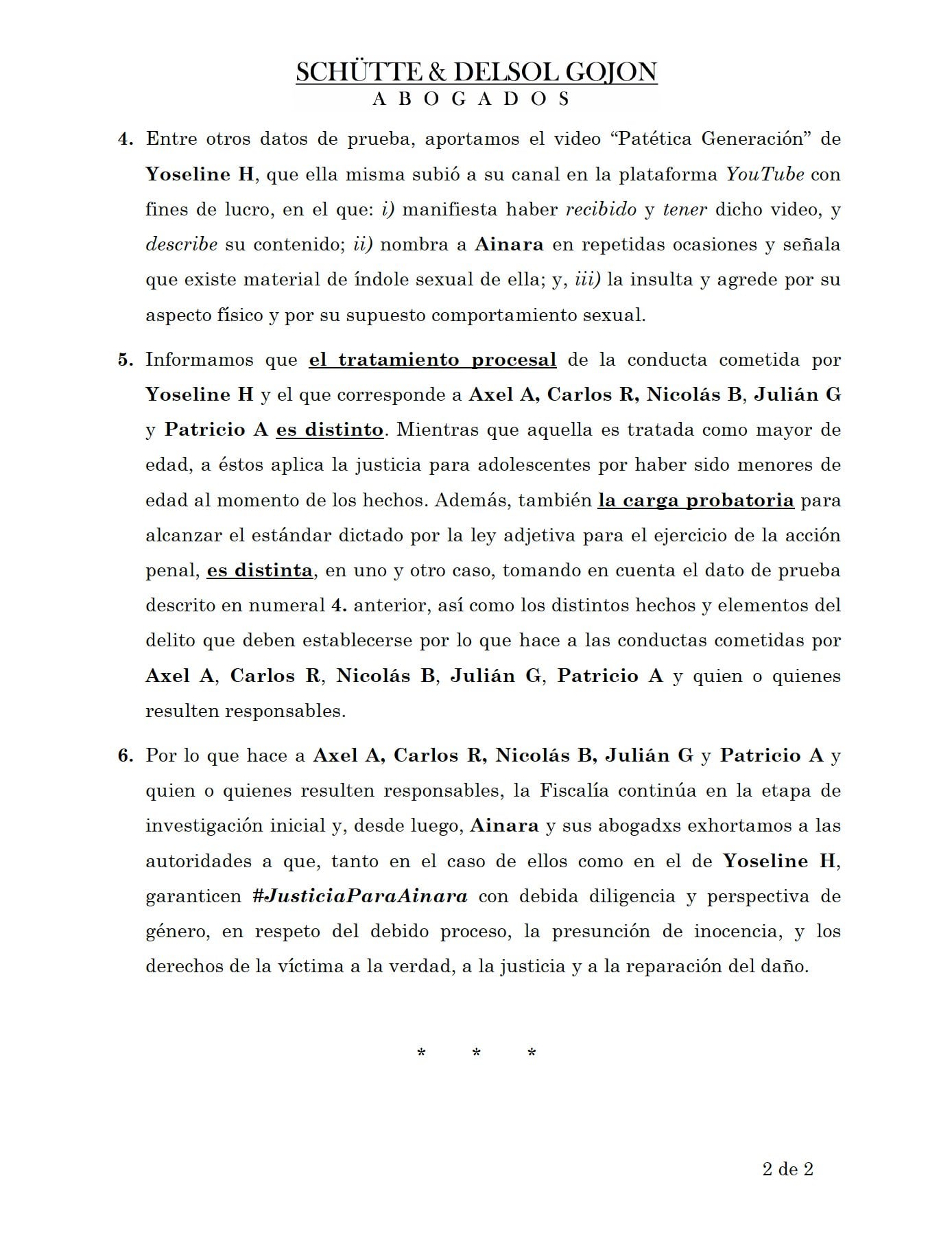 Comunicado de abogados de Ainara sobre le proceso legal de 'YosStop'.