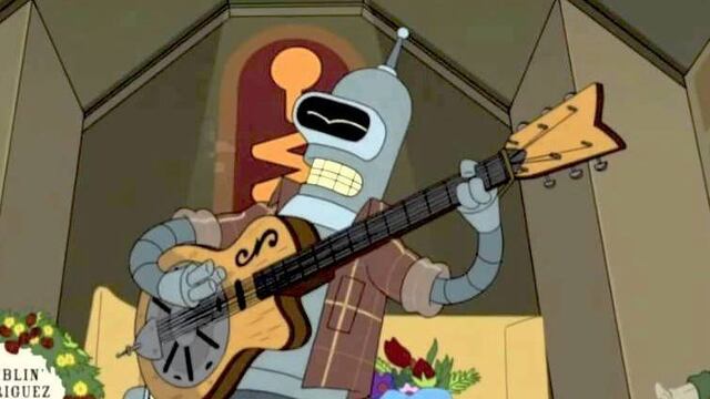 'Bender' de Futurama tocando una guitarra.
