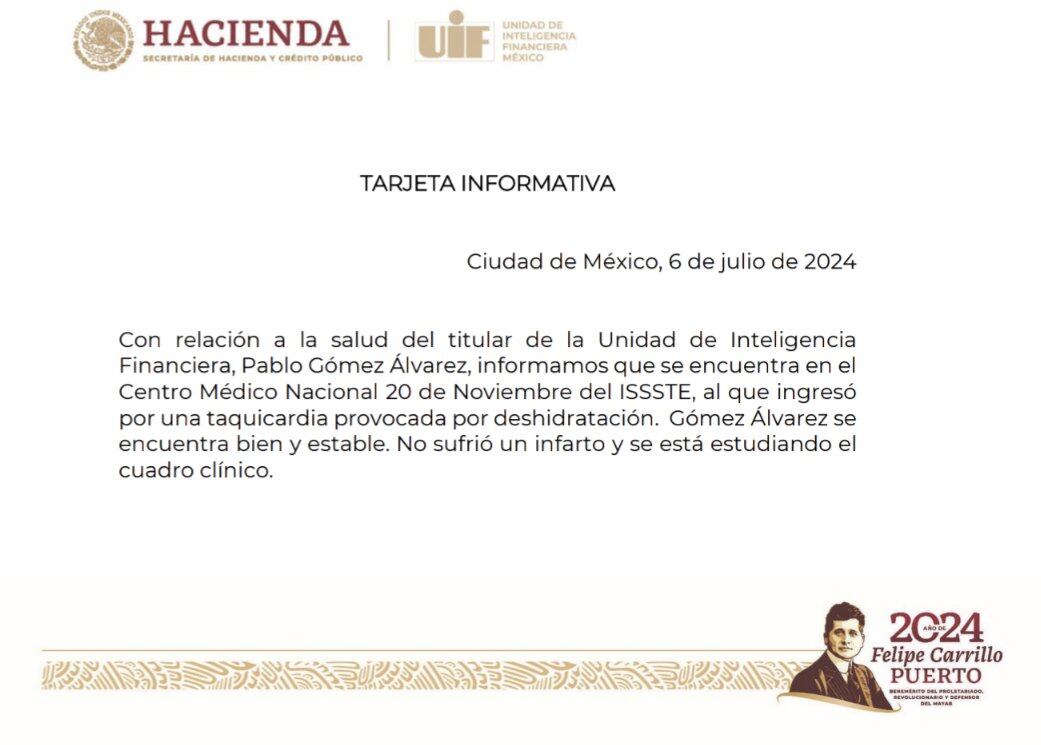 UIF sobre salud de su titular, Pablo Gómez