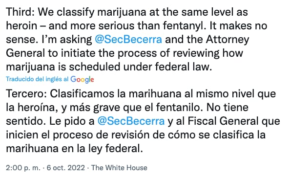 Joe Biden: Visión sobre la marihuana en Estados Unidos “no tiene sentido”; pide a funcionarios cambiar clasificación legal