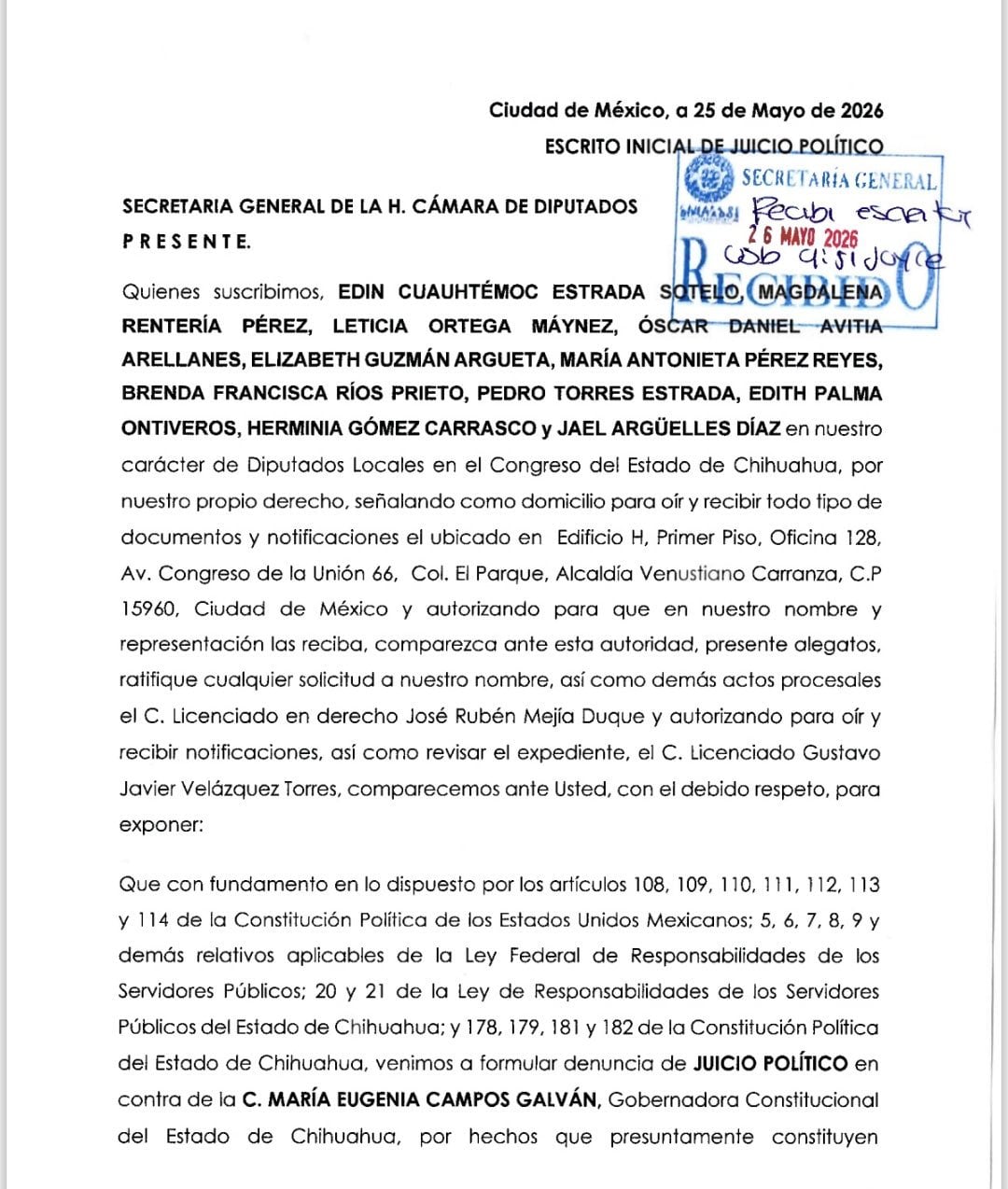 Solicitud de Juicio Político en contra de Maru Campos