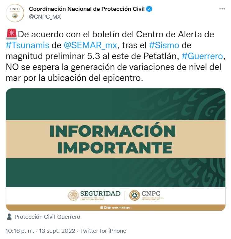 Pese a sismo de 5.3 grados, no habrá variaciones en el nivel, afirma Centro de Alerta de Tsunamis