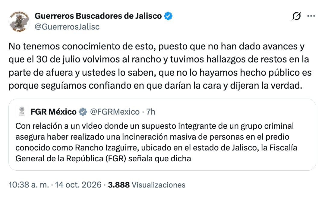 Guerreros Buscadores Jalisco se pronuncia sobre versión de FGR en torno a incineración masiva en Rancho Izaguirre