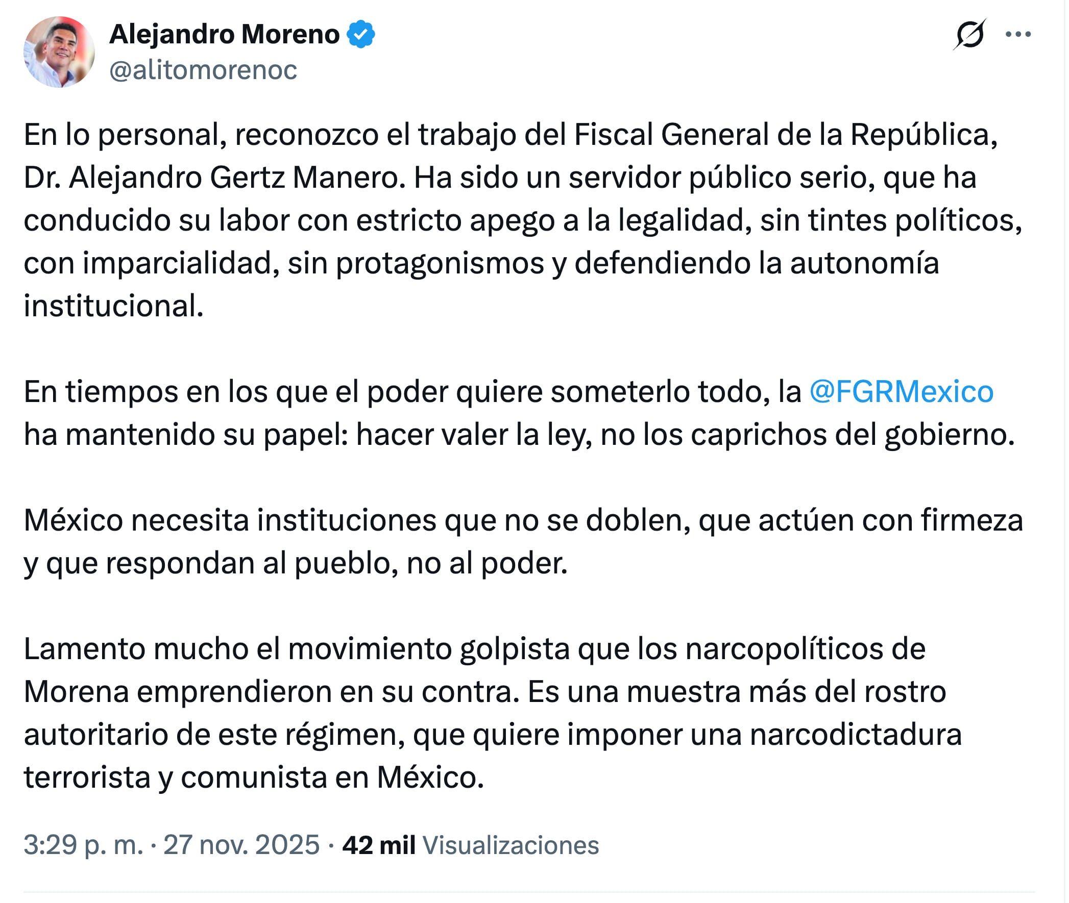 Alito Moreno externa su apoyo a Alejandro Gertz Manero