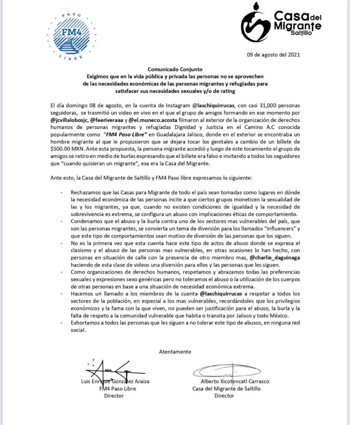 Comunicado de las organizaciones