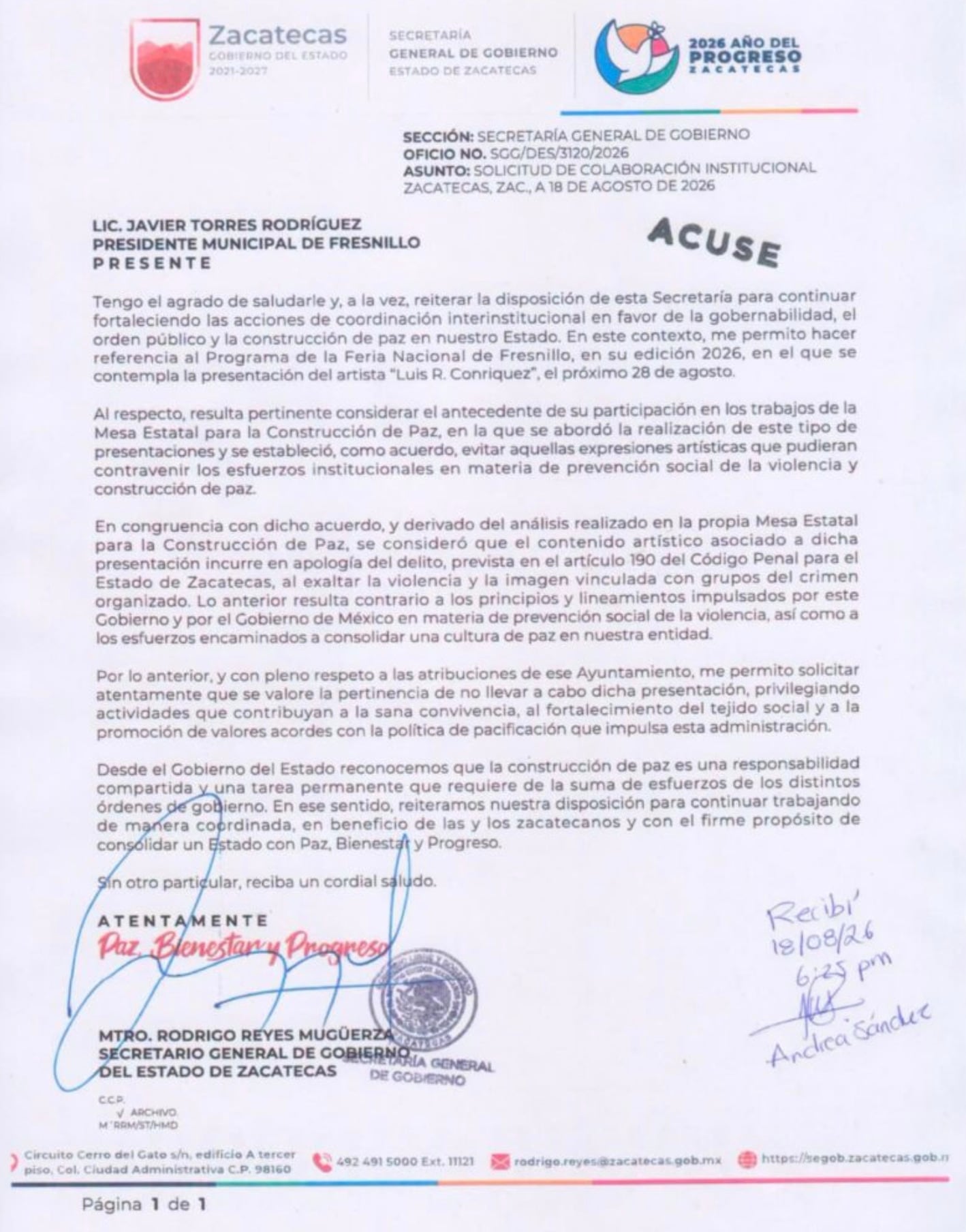 Secretaría General de Gobierno pide cancelar concierto de Luis R. Conriquez en Fresnillo, Zacatecas