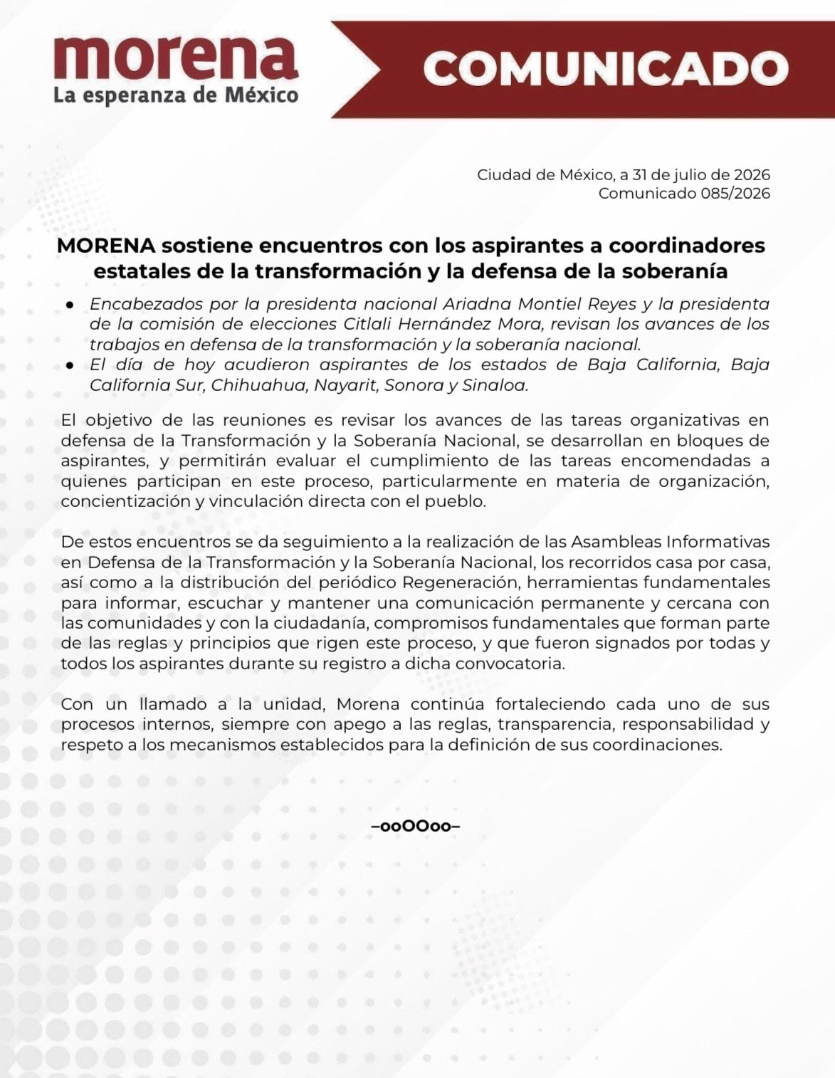 Morena evalúa a sus aspirantes a gubernaturas rumbo a las elecciones de 2027