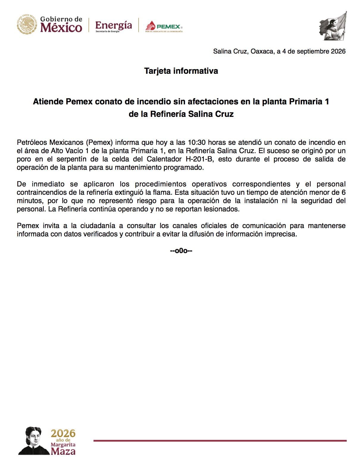Comunicado de Pemex por incendio en Refinería Salina Cruz