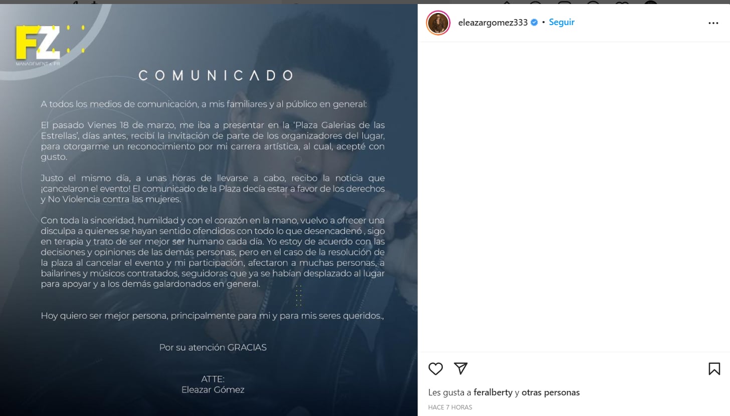 Comunicado de Eleazar Gómez