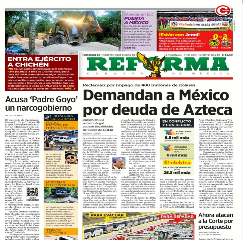 Primera Plana Reforma 30 de agosto 2023
