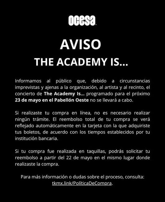 The Academy Is... cancela concierto en CDMX; Ocesa confirma reembolso