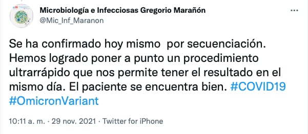 Se confirma primer caso de ómicron en España/@Mic_Inf_Maranon