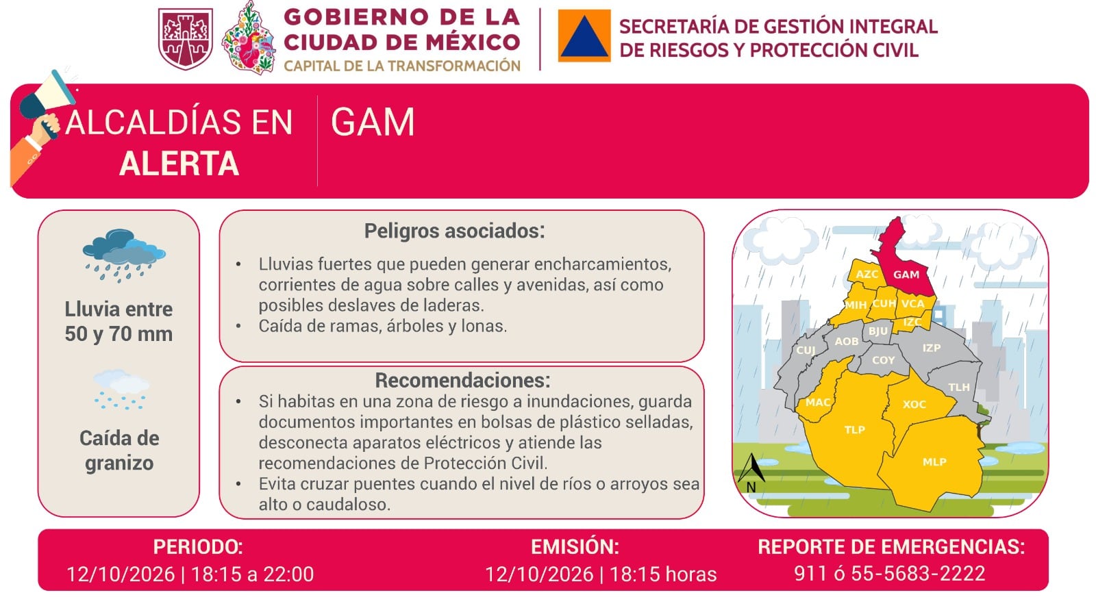 Gustavo A. Madero en Alerta Roja por lluvias esta tarde y noche
