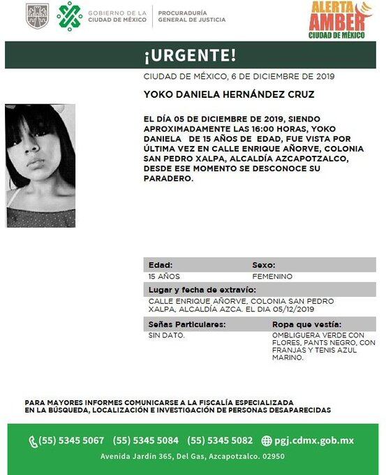 Yoko Daniela Hernández Cruz. Alerta AMBER