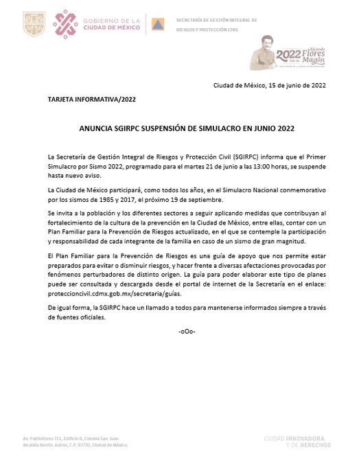 Primer Simulacro de Sismo 2022 se suspende hasta nuevo aviso informa la SGIRPC