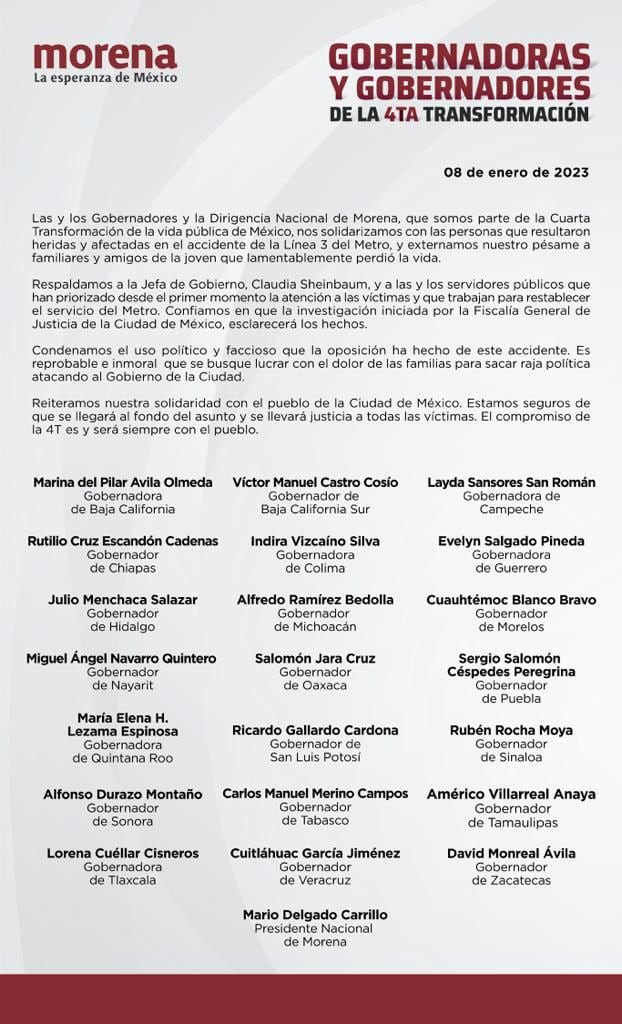 Gobernadores de Morena salen en defensa de Claudia Sheinbaum y víctimas del choque de trenes en el Metro CDMX