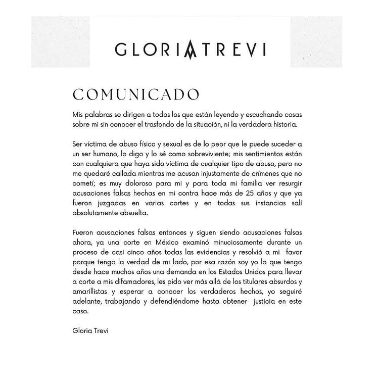 Comunicado de Gloria Trevi contra difamadores y nueva demanda por trata.