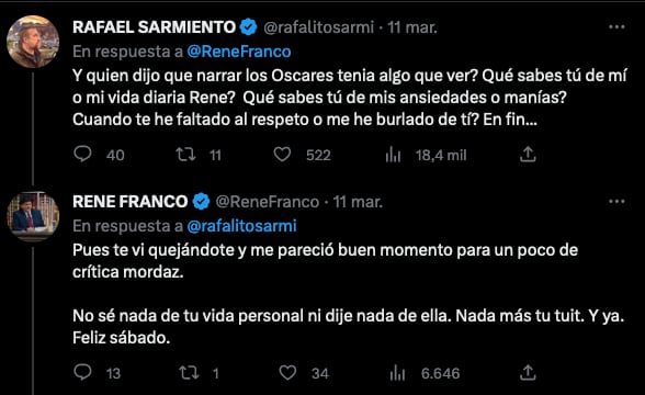 Rafael Sarmiento no se quedó callado a las críticas de René Franco.